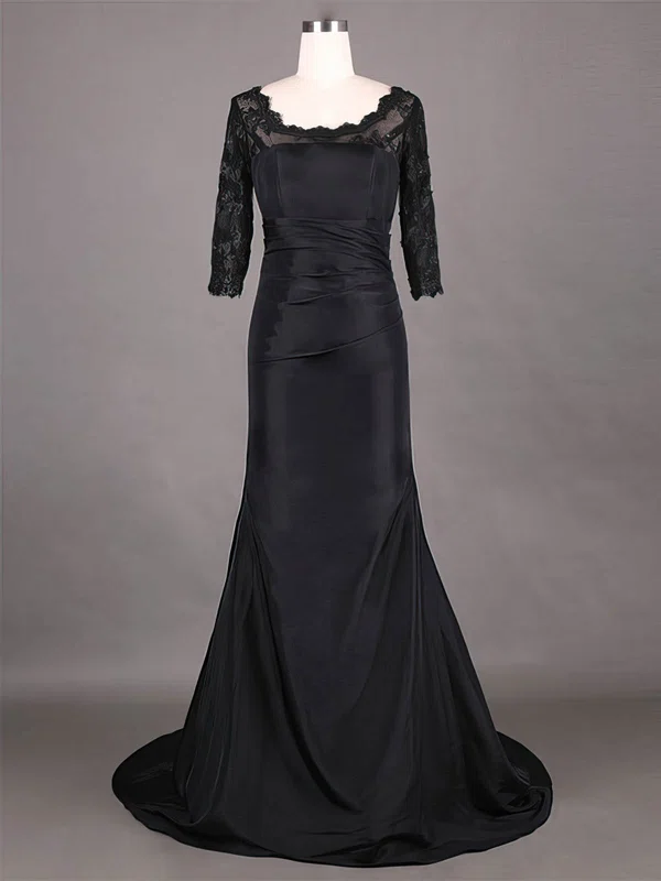 Affordable Sheath/Column Black Taffeta Lace 1/2 Sleeve Sweep Train Mother of the Bride Dress #01021315