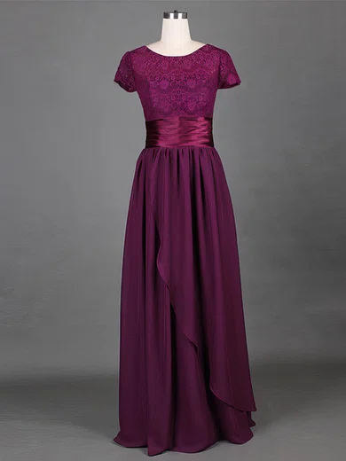 Scoop Neck Grape Lace Chiffon Sashes / Ribbons Short Sleeve A-line Mother of the Bride Dress #01021316