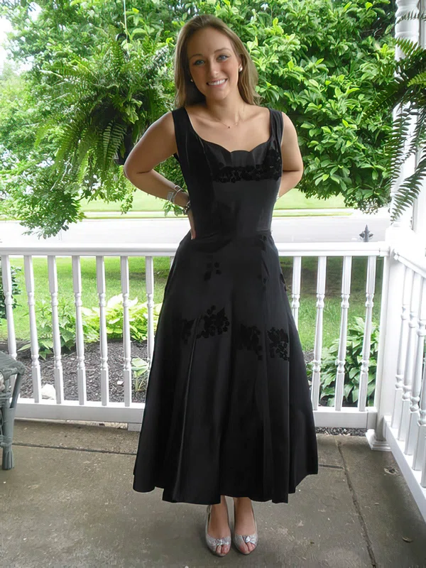 New Arrival A-line Satin Tea-length with Flower(s) Black Mother of the Bride Dress #01021324