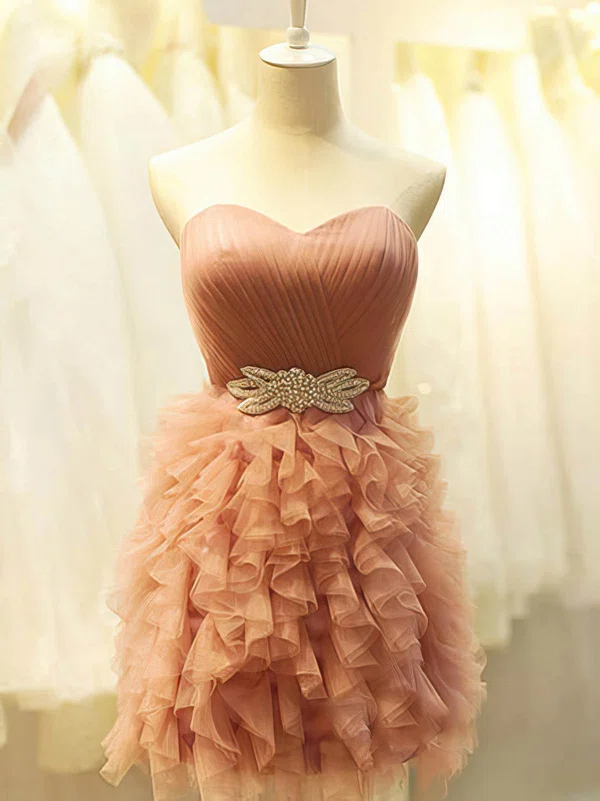 Short/Mini Pearl Pink Tiered Tulle Lace-up Beautiful Ball Gown Short Prom Dresses #02051775