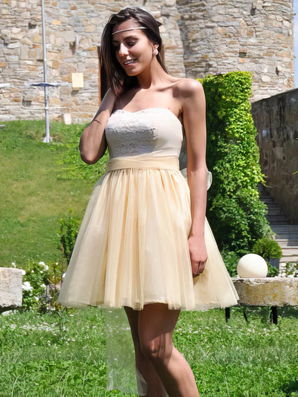 Champagne Sweetheart Tulle Lace with Bow Short/Mini Cheap Homecoming Dresses #02051789