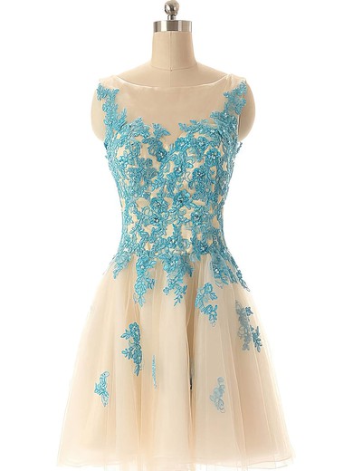 New Style Tulle with Appliques Lace Scoop Neck Short/Mini Prom Dresses #02019690
