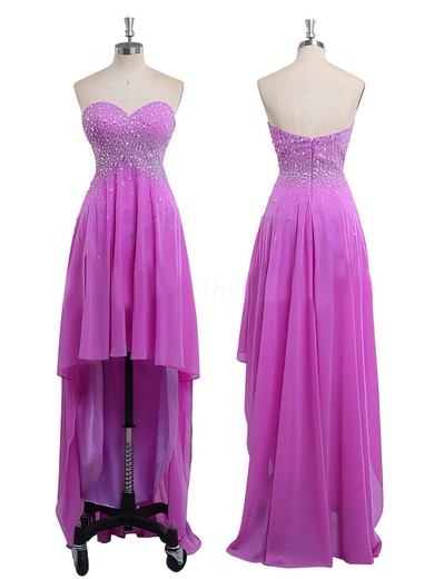 High Low Chiffon Crystal Detailing Sweetheart Lilac Asymmetrical Prom Dresses #02019692
