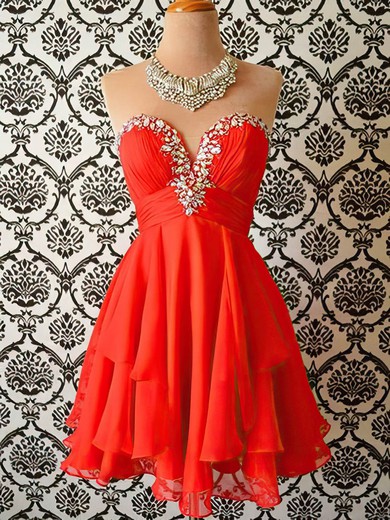 Red Cascading Ruffles Chiffon Crystal Detailing Sweetheart Short/Mini Homecoming Dresses #02019522