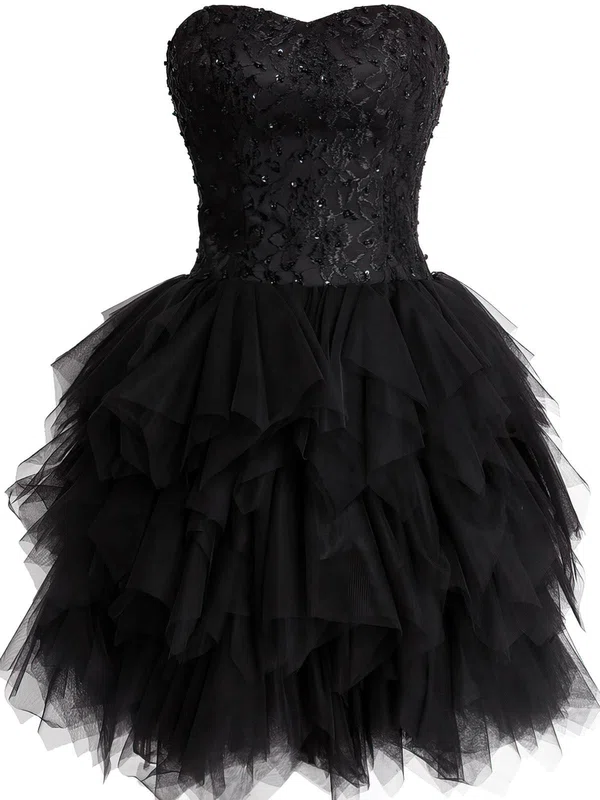 Black Short/Mini Tulle Sweetheart Lace and Tiered Fashionable Short Prom Dresses #02019798