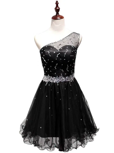 Black A-line One Shoulder Tulle Beaded Prom Dresses #02019809