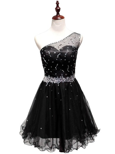 New Tulle Beading Short/Mini Little Black One Shoulder Prom Dress #02019809