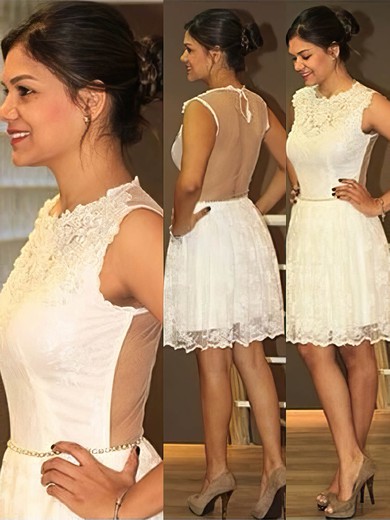 Pretty Ivory Lace Crystal Detailing Short/Mini Scoop Neck Prom Dresses #02019874