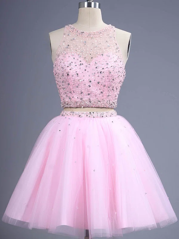 Trendy Two Piece Short/Mini Scoop Neck Pink Tulle Beading Prom Dress #02019884