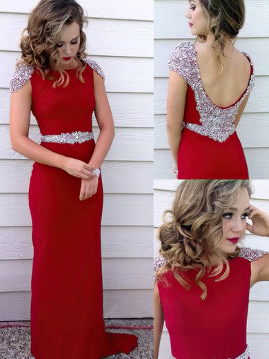 Red Sheath/Column Silk-like Satin Appliques Lace with Cap Straps Gorgeous Prom Dress #02019924
