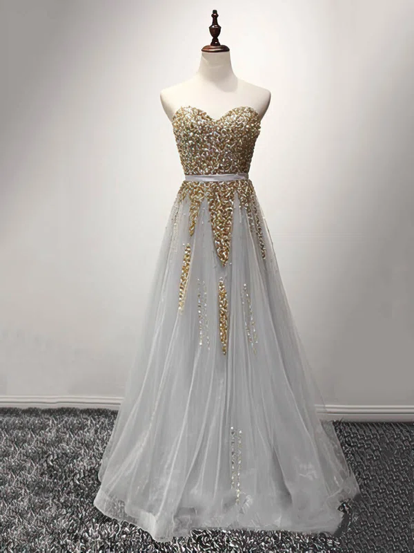 A-line Sweetheart Tulle Sequined Floor-length Beading Prom Dresses #02019928