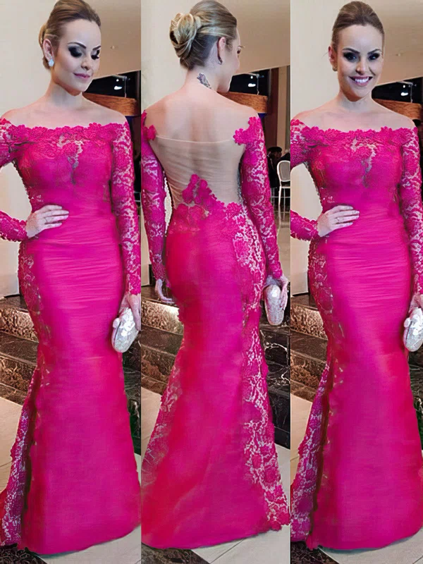 Off-the-shoulder Lace Tulle Fuchsia Trumpet/Mermaid Long Sleeve Prom Dress #02019931
