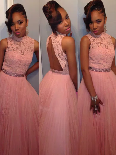 Unique Pink Tulle Backless Applique Lace Ball Gown High Neck Long Prom Dresses #02019941
