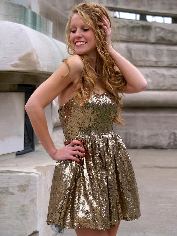 New Arrival A-line Ruffles and Sweetheart Gold Sequined Short Prom Dresses #02019959