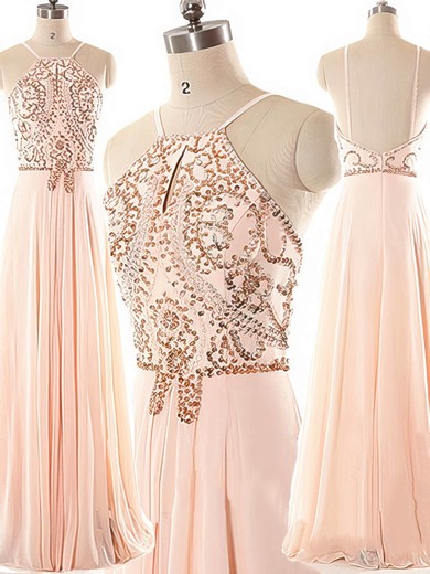 Chiffon with Spaghetti Straps Halter Beading Pink Backless Best Long Prom Dress #02019967