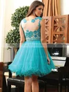 Scoop Neck with Beading and Applique Lace Tulle Elegant Blue Short Prom Dress #02019971