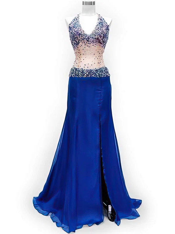 Chiffon Tulle with Sparkly Beading Royal Blue Open Back Halter Long Prom Dresses #02019985