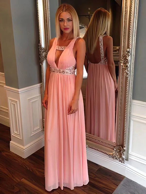 Trendy V-neck and Open Back Pink Chiffon Beading Long Prom Dress #020100018