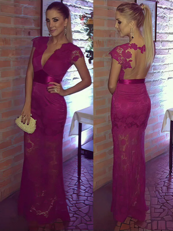 Fuchsia Luxurious Lace Cap Straps Sheath/Column V-neck Prom Dresses #020100020