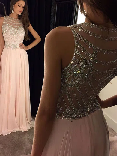 A-line Scoop Neck Chiffon Floor-length Beading Prom Dresses #020100026