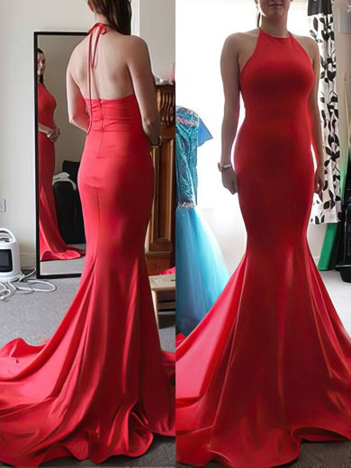 Halter Spaghetti Straps Elegant Trumpet/Mermaid Red Silk-like Satin Prom Dress #020100042