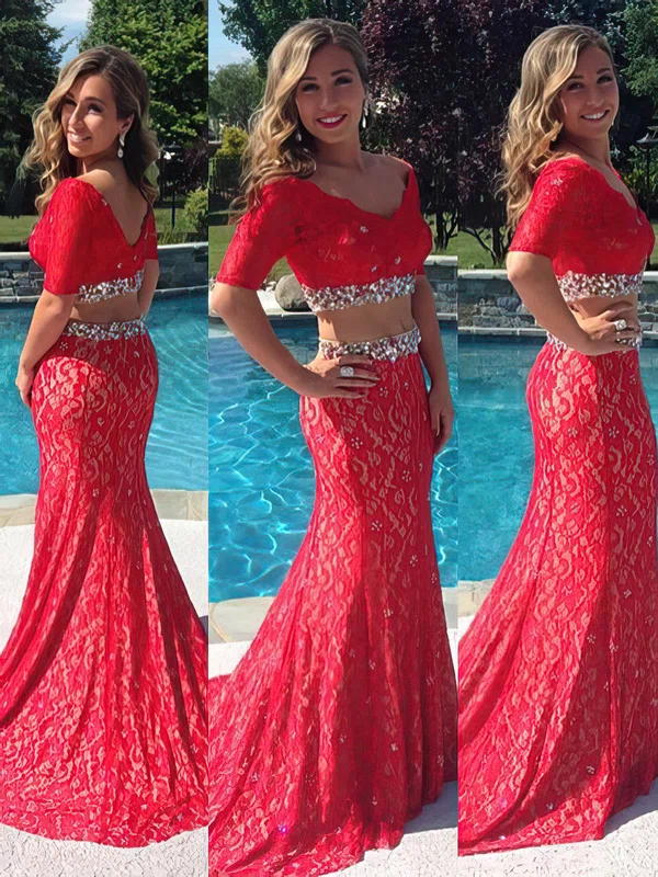 Best V-neck Lace Two Piece Trumpet/Mermaid Short Sleeves Prom Dress #020100048