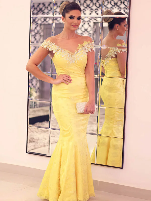 Trumpet/Mermaid Fashion Yellow Lace Appliques Off-the-shoulder Prom Dress #020100063