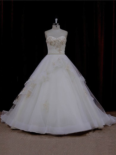 Ivory Chapel Train Tulle Appliques Lace Cheap Sweetheart Wedding Dresses #Milly00021632