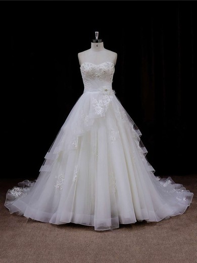 Ball Gown Sweetheart Tulle Chapel Train Wedding Dresses With Beading #Milly00021633
