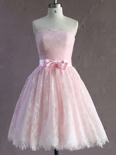 Short/Mini Pink Modest Lace Sashes / Ribbons Strapless Wedding Dresses #Milly00021635