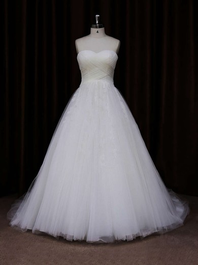 Ball Gown Sweetheart Tulle Court Train Wedding Dresses With Appliques Lace #Milly00021639