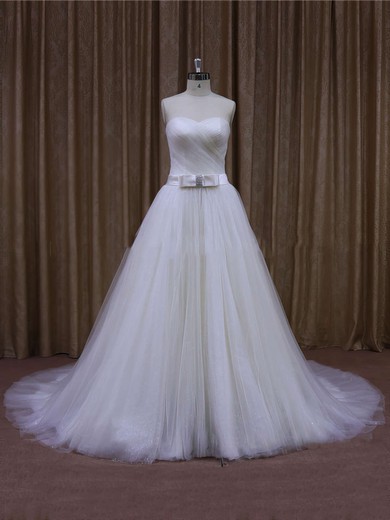 Affordable Ivory Tulle Sashes / Ribbons Chapel Train Sweetheart Wedding Dresses #Milly00021640