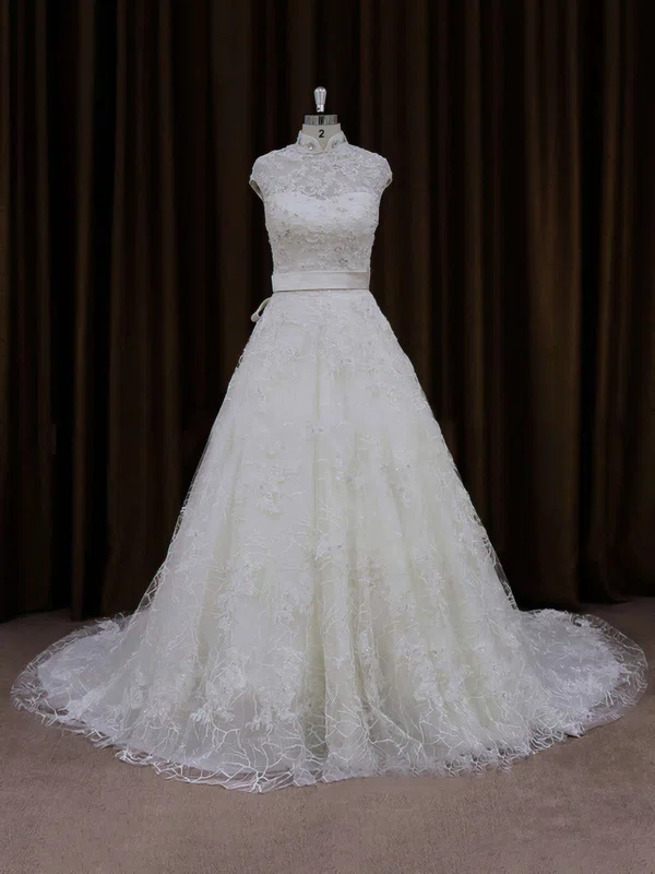 Ball Gown High Neck Lace Court Train Wedding Dresses With Sashes / Ribbons #Milly00021642