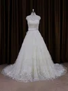 Ball Gown High Neck Lace Court Train Wedding Dresses With Sashes / Ribbons #Milly00021642