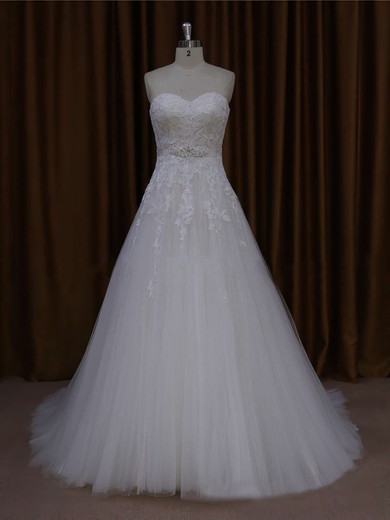 Ivory Sweetheart Tulle Appliques Lace Inexpensive Court Train Wedding Dresses #Milly00021643