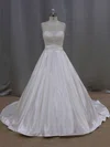 Ball Gown Illusion Satin Court Train Wedding Dresses With Beading #Milly00021645