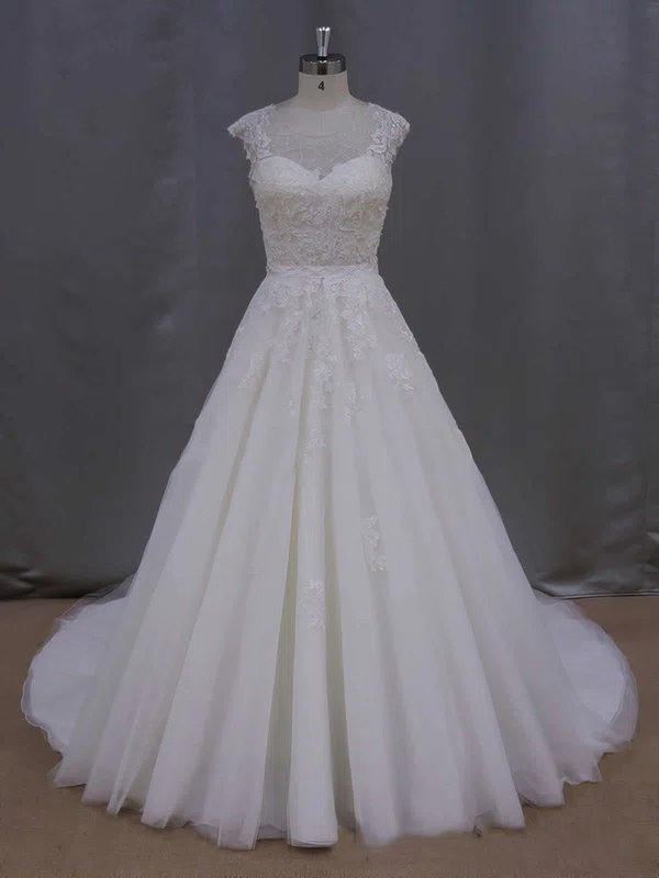 Ball Gown Illusion Tulle Court Train Wedding Dresses With Appliques Lace #Milly00021646