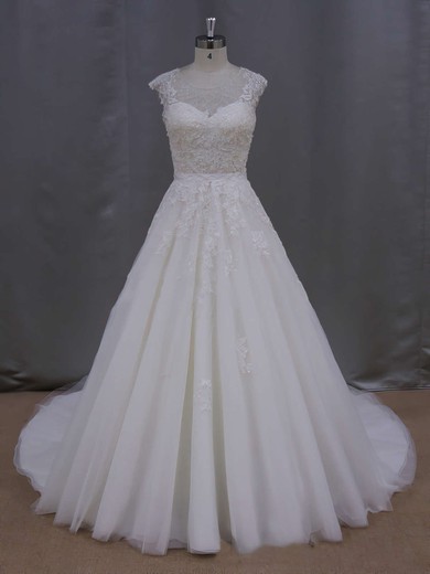 Ball Gown Tulle Appliques Lace Cap Straps Scoop Neck Ivory Wedding Dresses #Milly00021646