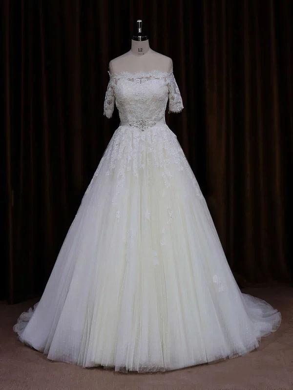 Ball Gown Off-the-shoulder Tulle Court Train Wedding Dresses With Beading #Milly00021654