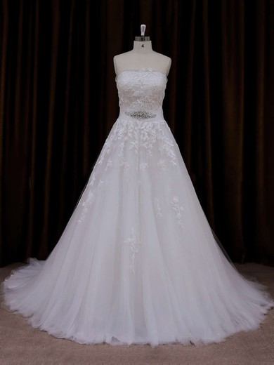 Fashion Strapless Ivory Tulle Appliques Lace Court Train Wedding Dress #Milly00021660