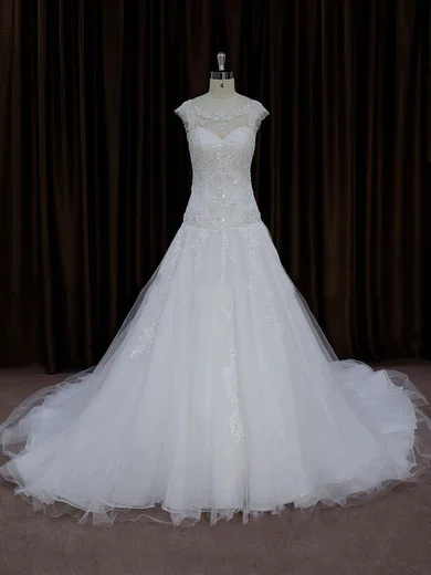 Ball Gown/Princess Illusion Tulle Chapel Train Wedding Dresses With Beading #Milly00021664