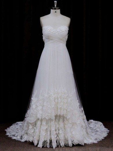 Popular Sweetheart Ivory Tulle Appliques Lace Empire Wedding Dress #Milly00021678
