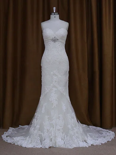 Trumpet/Mermaid Sweetheart Tulle Chapel Train Wedding Dresses With Appliques Lace #Milly00021687