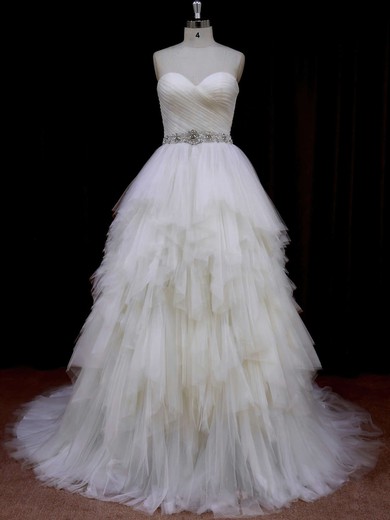 Sweetheart Ivory Modest Tulle Tiered Princess Wedding Dresses #Milly00021691