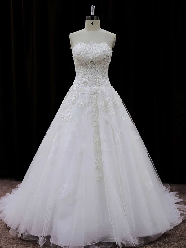 Ball Gown Straight Tulle Court Train Wedding Dresses With Appliques Lace #Milly00021694