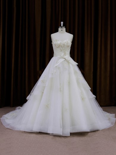 Inexpensive Chapel Train Ivory Organza Appliques Lace Sweetheart Wedding Dresses #Milly00021696