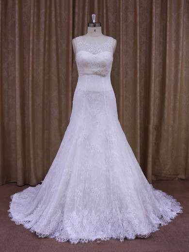 White Court Train Lace Sashes / Ribbons Elegant Scoop Neck Wedding Dresses #Milly00021697