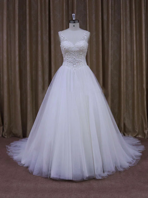 Ball Gown V-neck Tulle Court Train Wedding Dresses With Beading #Milly00021699