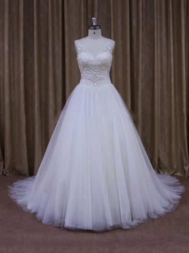 Discount V-neck Ball Gown Crystal Detailing White Tulle Wedding Dresses #Milly00021699
