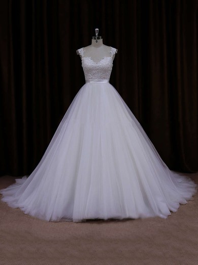 Ball Gown Ivory Tulle Appliques Lace Open Back Cathedral Train Wedding Dresses #Milly00021704